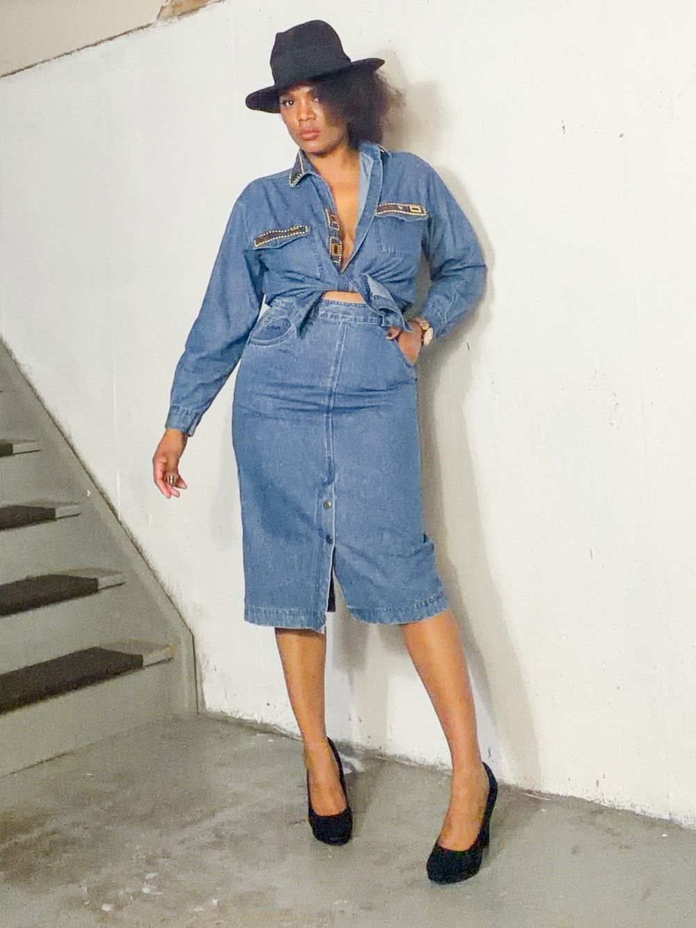 Vintage Cotton Jean Pencil Midi Skirt, S - Picture 4 of 16